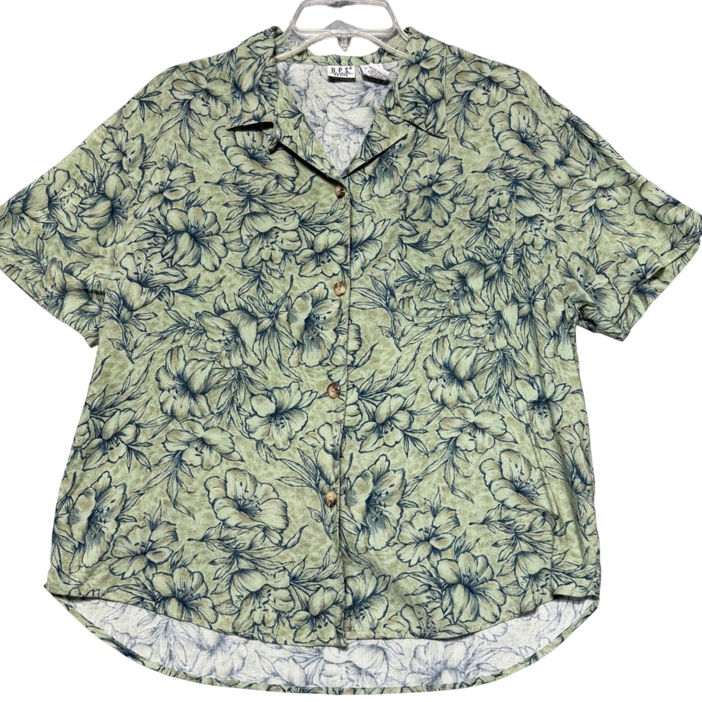 DPS Petite Womens Large Green‎ Floral Rayon Short Sleeve Button Up Camp Shirt L
